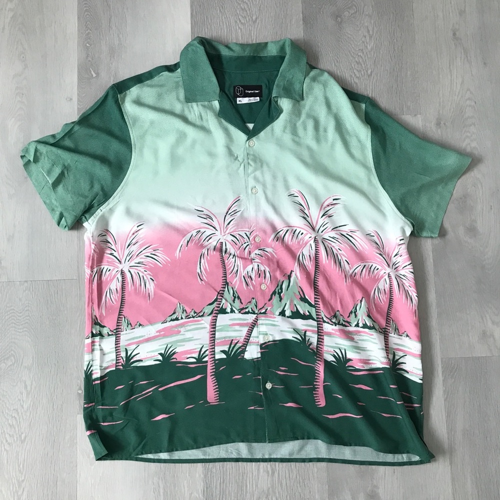 ORIGINAL USE GREEN PINK CAMP SHIRT SHORT SLEEVE MENS XL